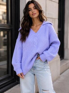 Boho Fabulous V Neck Purple Knit Sweater